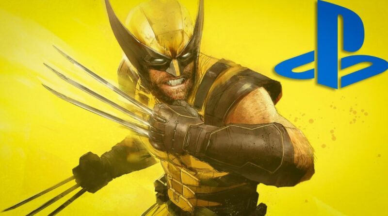 Wolverine with extended claws charging forward on a bright yellow background, with a blue PlayStation logo on the right.