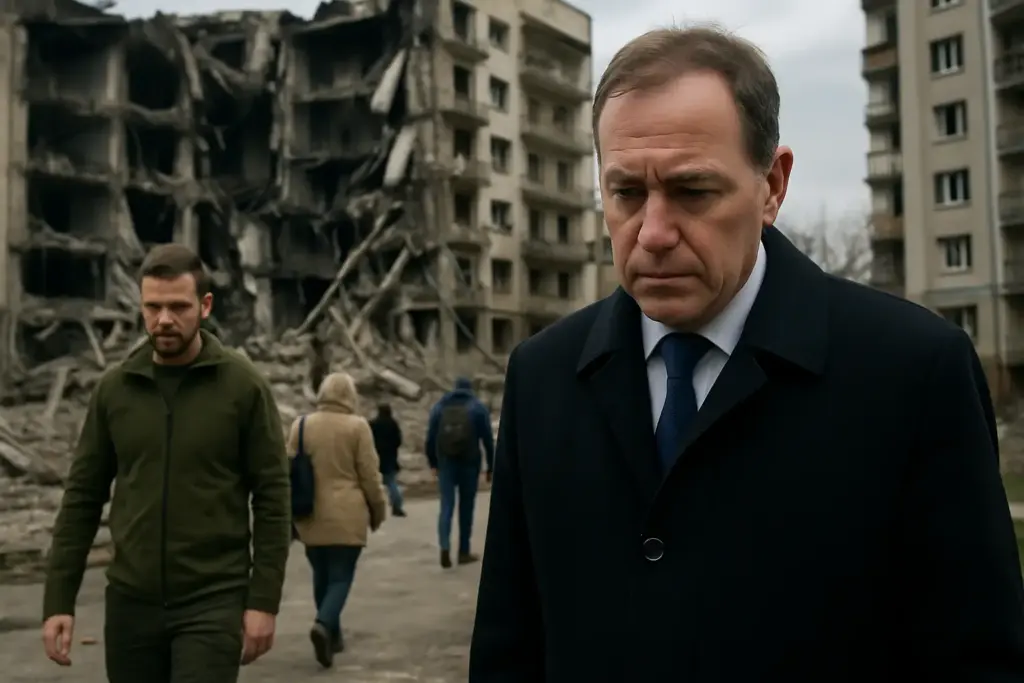 Man in a dark coat with a blue tie in the foreground, a ruined building and pedestrians behind him in a war-torn street.