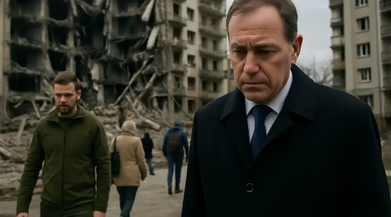 Man in a dark coat with a blue tie in the foreground, a ruined building and pedestrians behind him in a war-torn street.