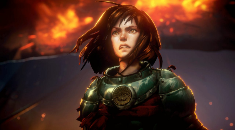 Female warrior in green armor with a determined, startled expression, set against a fiery battlefield background.