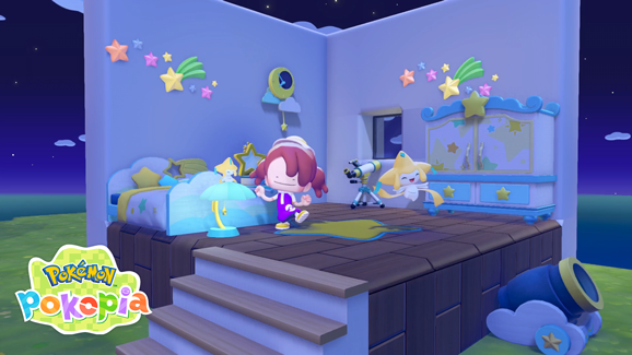 Pastel blue bedroom scene from a Pokémon game: a girl kneels on a rug beside a glowing blue bed, star decorations, telescope, and a blue dresser; night sky outside; Pokémon PokéPia logo in the corner.