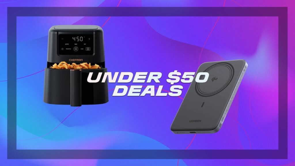 Promo banner showing an air fryer and a wireless charger with the text 'Under $50 Deals' on a purple gradient background.