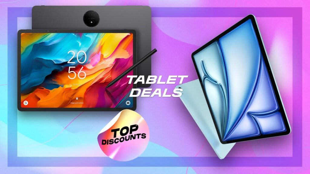 Colorful collage of two tablets against a gradient background with bold 'TABLET DEALS' text and a glossy 'TOP DISCOUNTS' badge.