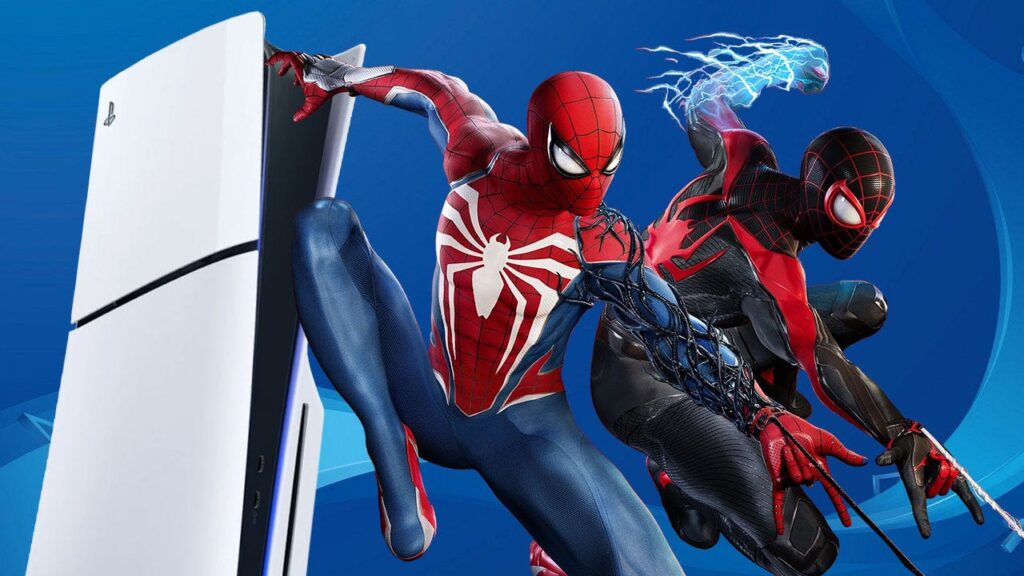 Three Spider-Man characters leap beside a white PlayStation 5 against a blue background.