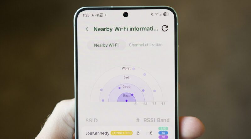 Smartphone screen displaying a 'Nearby Wi-Fi information' page with a circular signal gauge and the connected SSID 'JoeKennedy'.