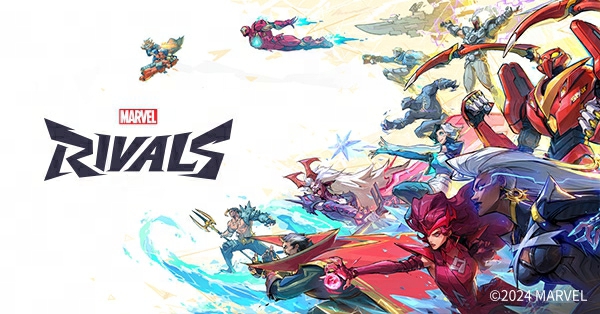 Promotional banner for Marvel Rivals featuring diverse superheroes in dynamic action.