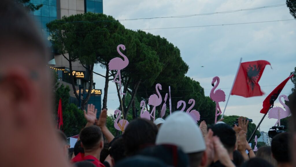 Crowd at an outdoor rally holding pink flamingo cutouts and 2022 signs, with a red Albanian flag visible on the right.