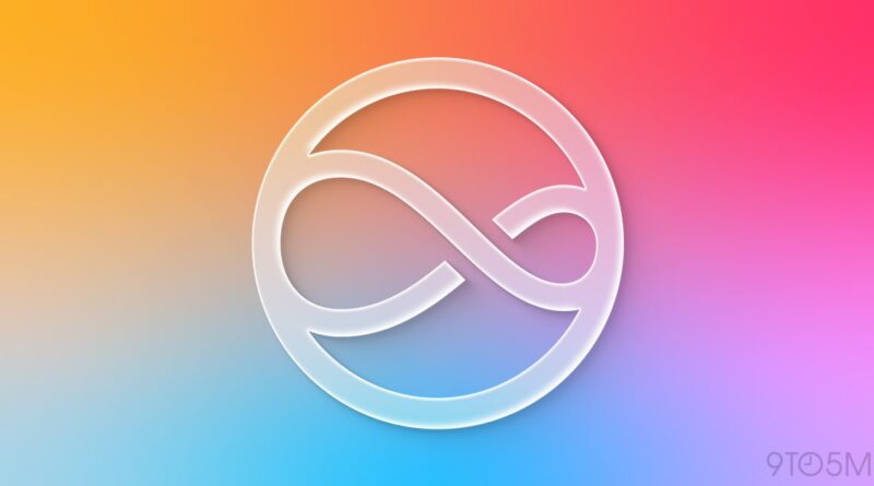 Circular logo with a white intertwined ribbon forming an infinity motif on a peach-to-pink gradient background.