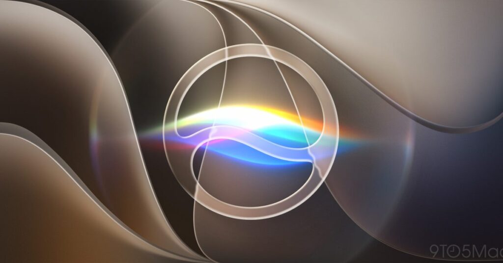 Abstract artwork with translucent rings and a central rainbow light on a dark gradient background.