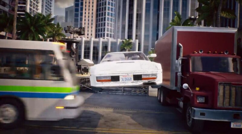 White sports car suspended in mid-air between a bus on the left and a red truck on the right in an urban stunt scene.