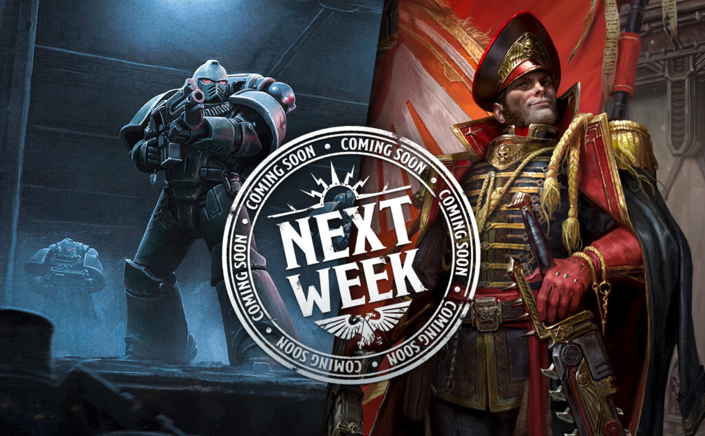Promotional artwork showing a blue-armored shooter on the left and a red-clad general on the right with a circular 'Next Week' seal in the center.