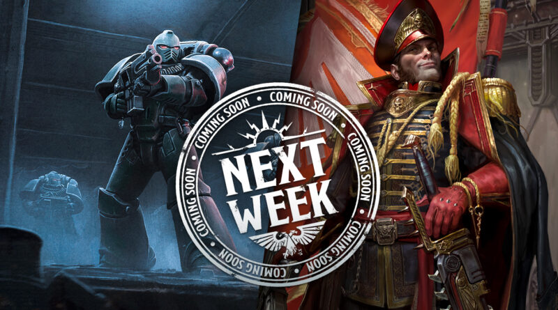 Promotional artwork showing a blue-armored shooter on the left and a red-clad general on the right with a circular 'Next Week' seal in the center.