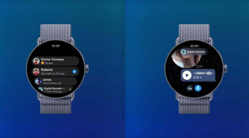 Two smartwatches on a blue gradient background; left screen shows a chat list with Emma, Roberto, James, and a video message indicator, right screen shows a voice message playback with a profile image and play button.