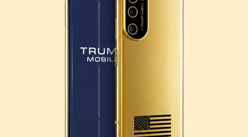 Gold Trump Mobile smartphone with a triple-camera module on the back, placed beside blue branding, and a small U.S. flag on the gold side.