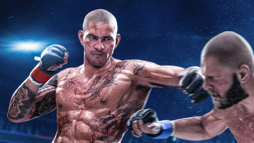 Two shirtless fighters in a boxing match; one lands a punch on the other in a ring under blue lights, tattoos visible on his torso and arms, gloves on hands.