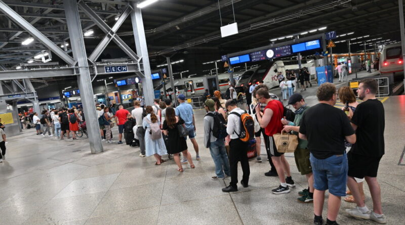 A long line of travelers waiting on a busy train platform under a metal roof, with trains and digital boards in the background.