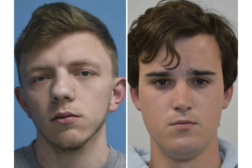 Side-by-side headshots of a young man showing a before-and-after transformation (left: blue background, right: gray background).