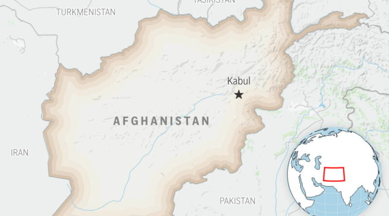 Map of Afghanistan showing the capital Kabul marked with a star; inset globe highlights Afghanistan with a red outline.