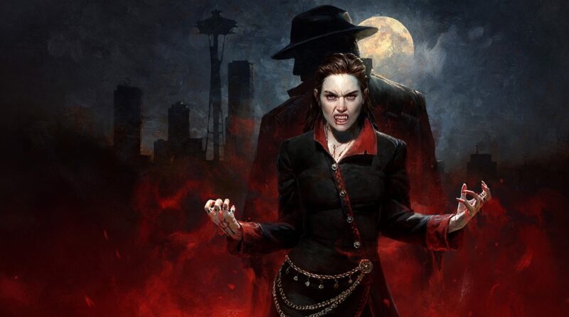 Vampire woman in black and red outfit snarls with fangs, amid red fog in a dark, urban night scene.