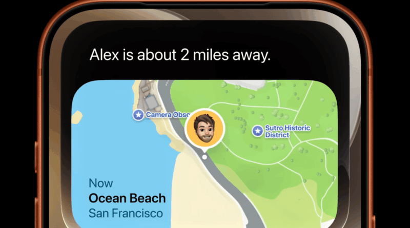 Smartwatch screen with a map and a notification: 'Alex is about 2 miles away.'
