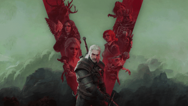 Geralt of Rivia stands with a drawn sword in front of a red, wing-like emblem and shadowy figures in a green misty background, suggesting a Witcher game cover.