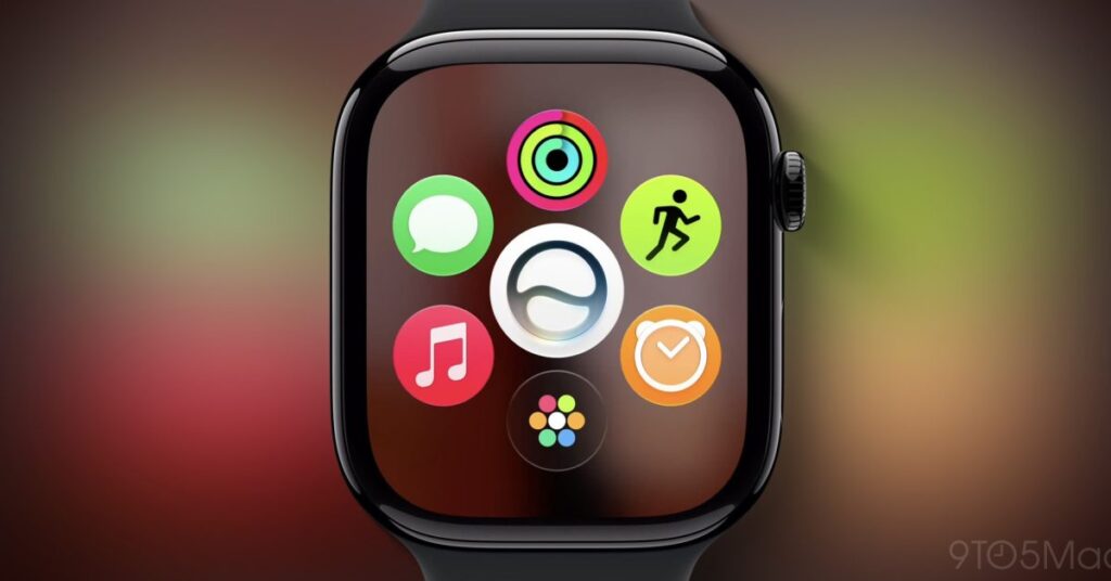 Smartwatch face with six colorful app icons arranged on screen, including Messages, Activity rings, Run, Music, Clock, and App Grid.