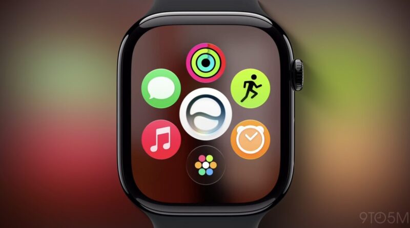 Smartwatch face with six colorful app icons arranged on screen, including Messages, Activity rings, Run, Music, Clock, and App Grid.