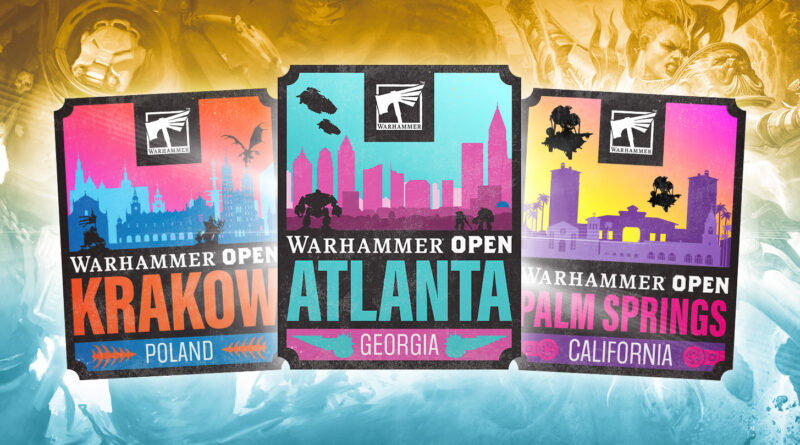 Triptych Warhammer Open badges for Krakow, Atlanta, and Palm Springs with city silhouettes and state names.