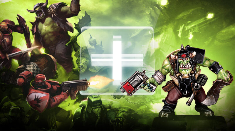 Green orc fighter on the right, wielding a large gun, faces red-armored Space Marines amid a neon green battlefield with a glowing white cross in the center.