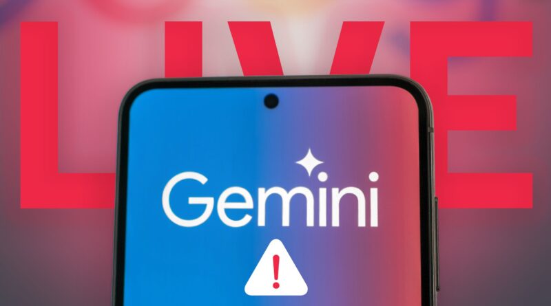 Close-up of a smartphone screen showing the word 'Gemini' with a warning triangle icon, set against a red abstract background.