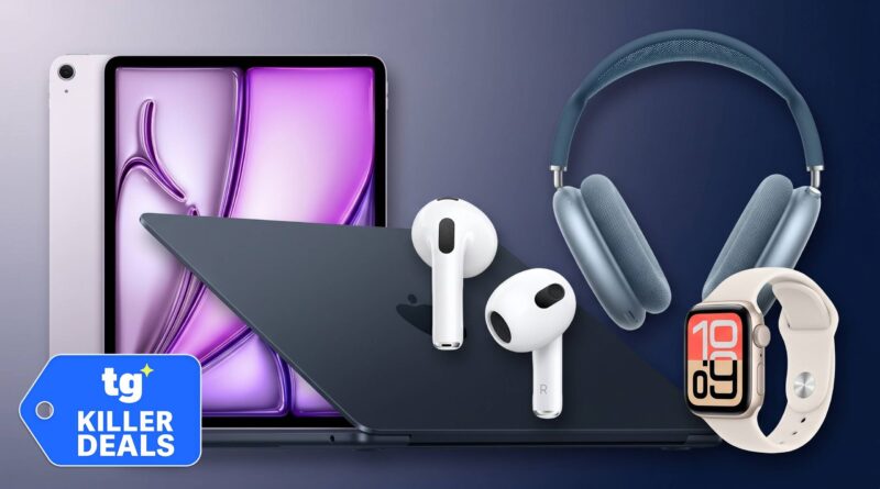 Tech gadget collage: tablet, wireless earbuds, over-ear headphones, smartwatch, and a blue 'Killer Deals' tag for promotions